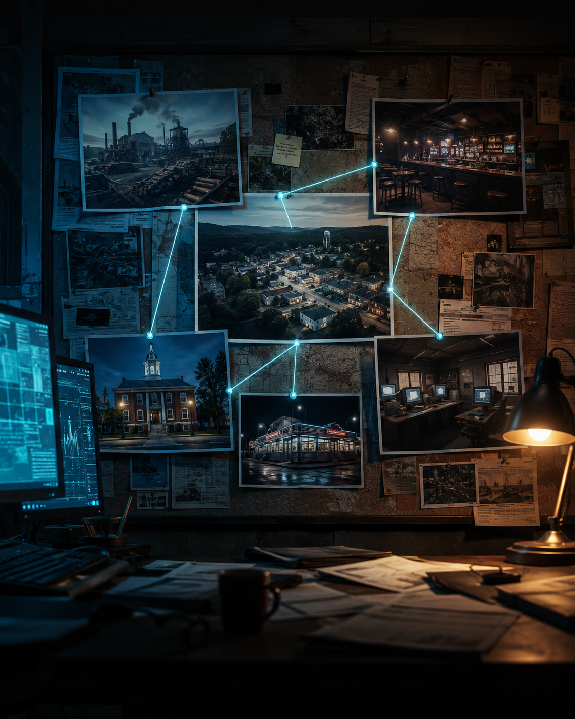 An investigation wall showing small-town locations connected by glowing digital lines.